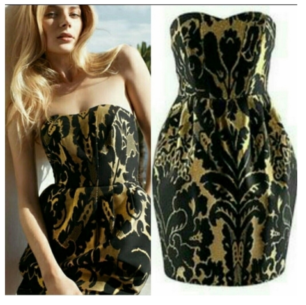 H&M Black and Gold Strapless Jacquard Cocktail Dress Size 4